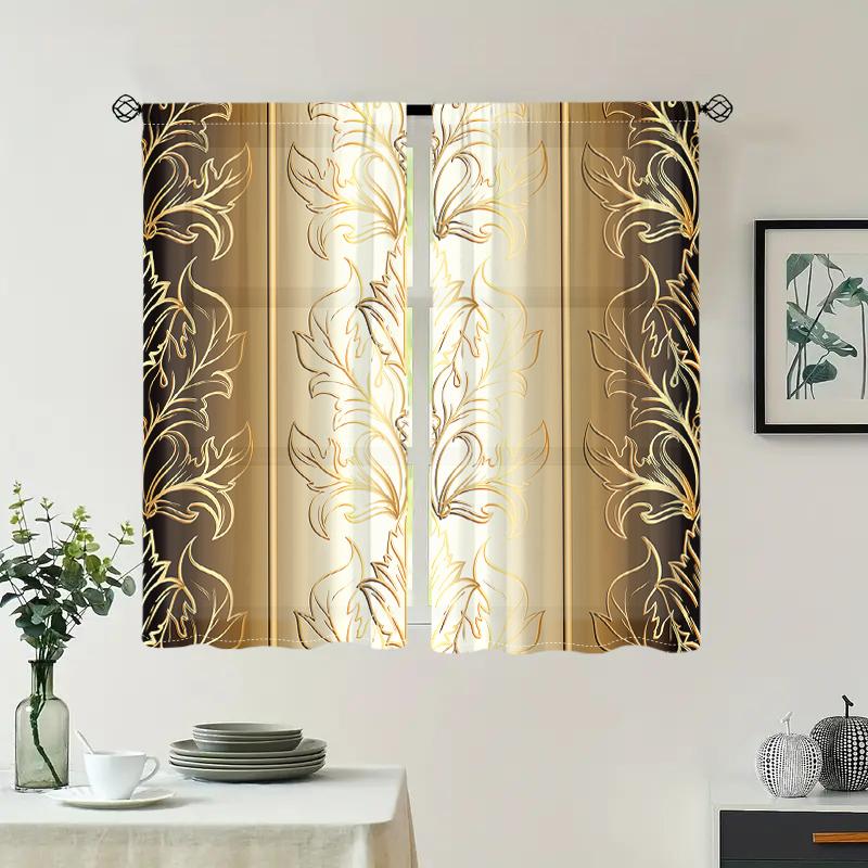 2 stk., gullfargede gardiner med nordisk bladtrykk - semi-mørkleggende - egnet for stue, soverom, kjøkken, hjemmedekorasjon