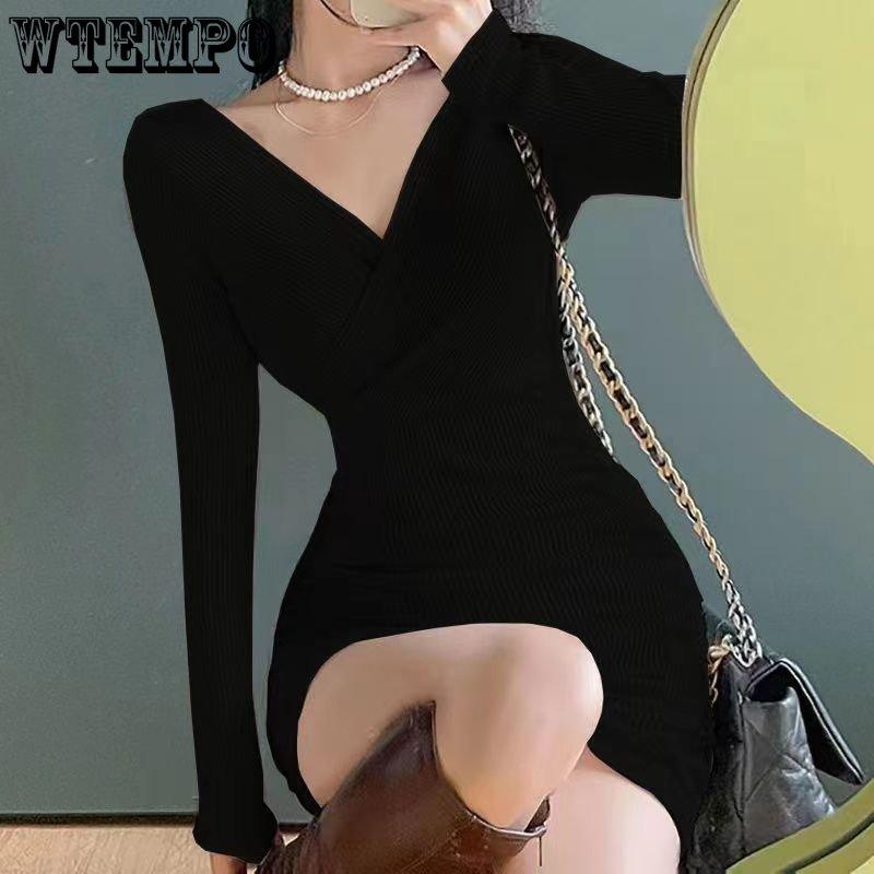 Spring and Autumn Women's Dress Skinny Knitted Dress Waist Wrapped Hip Bottom Skirt V-neck Skinny Pleated Long Sleeve Bottom Dress