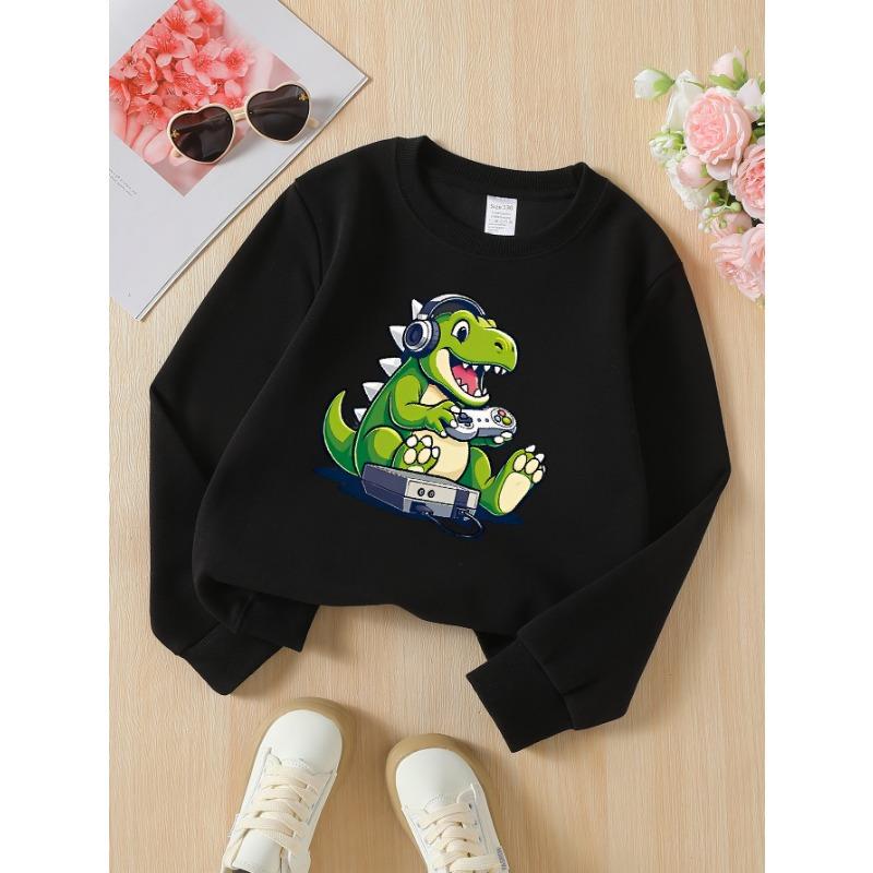 European sizes Dino Gamer Controller Headphones Console Girls' Crew Neck Sweatshirt, Western Style, Long-Sleeved, Casual Colors for Young Girls.