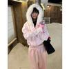Girls' Pink Fun Style Two-Piece Set: Detachable Fur Collar Hooded Sweatshirt & Sweatpants