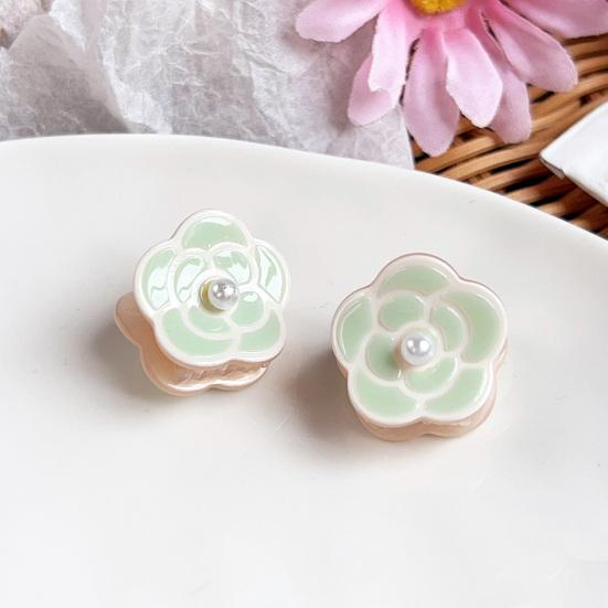 Hair Claw with High-Elastic Spring Camellia Design Hair Clip with Imitation Pearl Decor