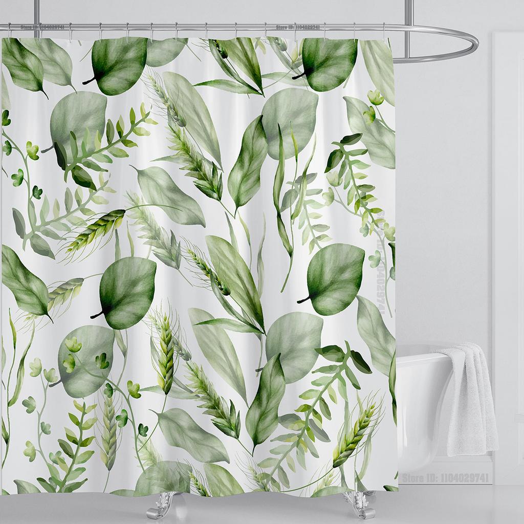 Watercolor Leaves on The Top Plant with Floral Bathroom Greenery Leaf Decoration Watercolor Botanical Shower Curtain with Hooks