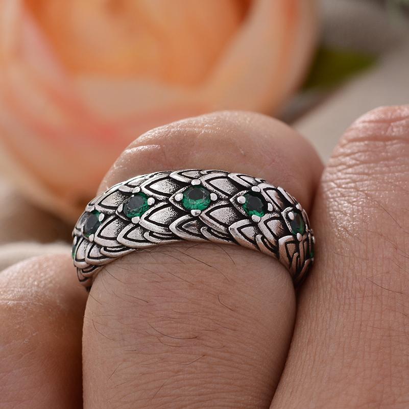 Hand Jewellery Accessories Retro Snake Scales Green Crystal Thai Silver Man Ring Birthday Gifts No Fade