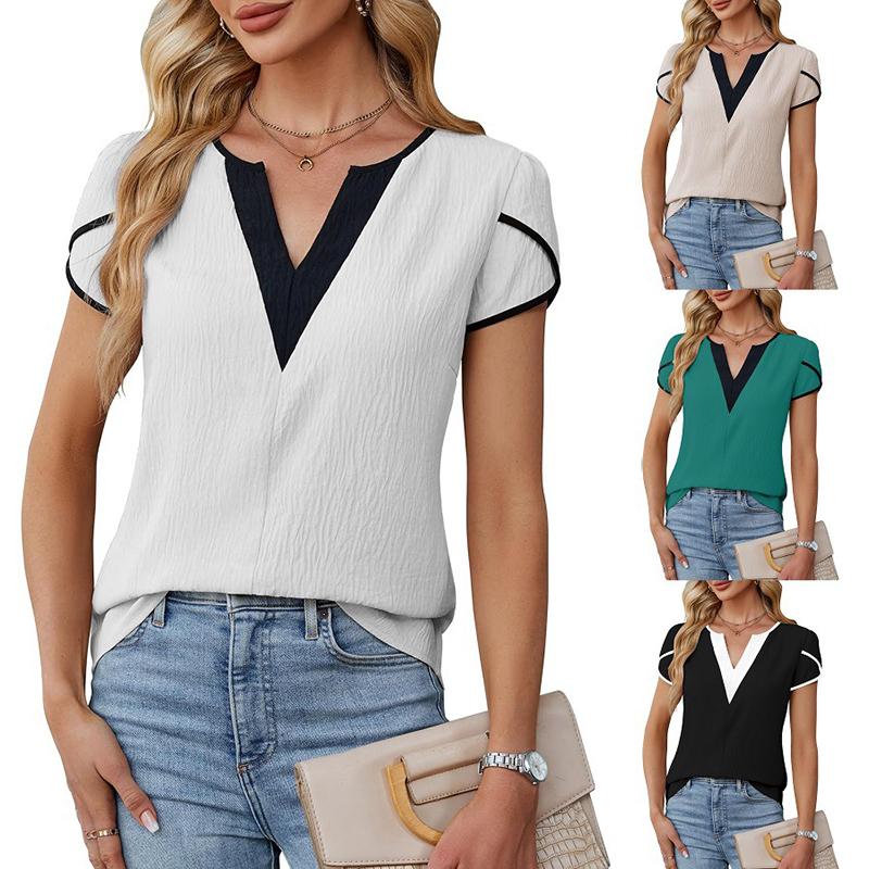 Ladies Summer split Short Sleeve v Neck color block Casual Pullover Blouse Shirt Top