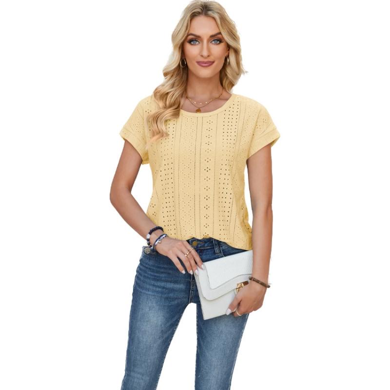 Women's Clothing Spring Summer New Loose Round Neck Eyelet Lace Solid Color T-shirt