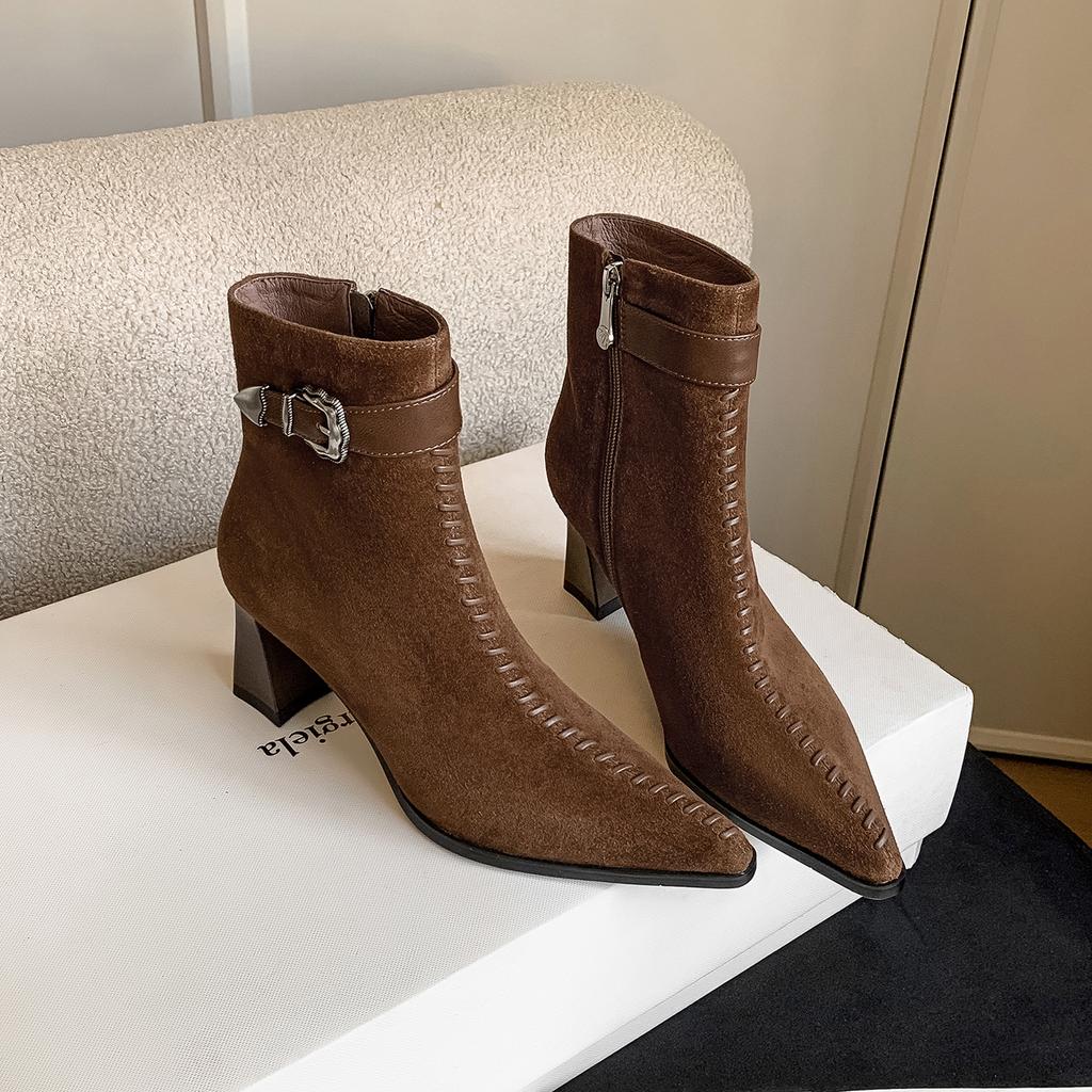 7CM brown fashion versatile temperament short boots 2025 autumn and winter new pointed thick heel side zipper fashion boots women's boots