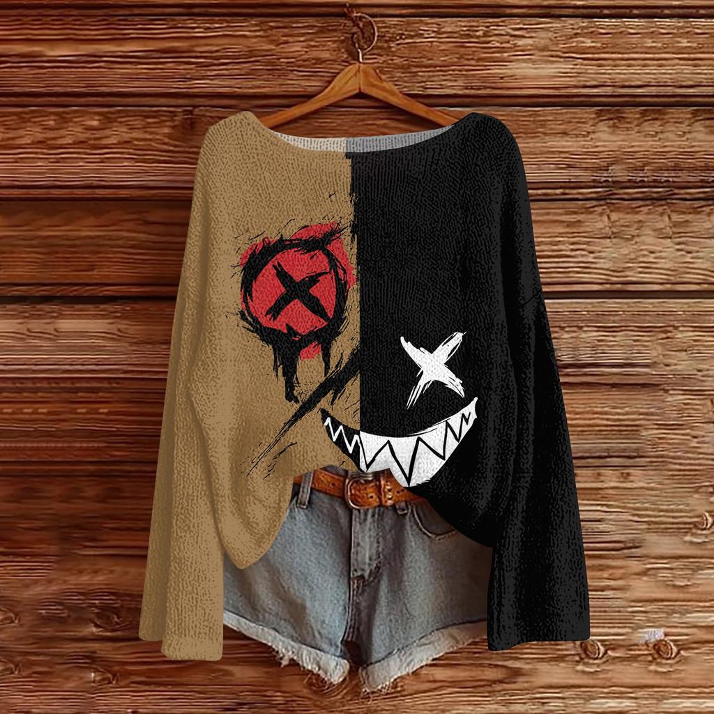 Women's Long Sleeve Halloween Print Crewneck Knit Pullover Sweater for Casual Daily Wear