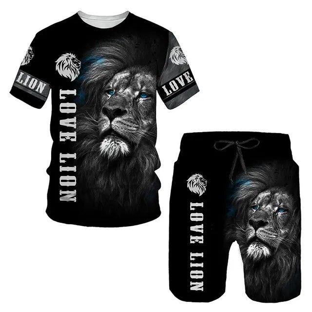 Ensemble t-shirt et short avec lettrage de lion 3D pour hommes, tenue d'été décontractée, ample, associée à un ensemble de deux pièces, vêtements d'éléments animaux