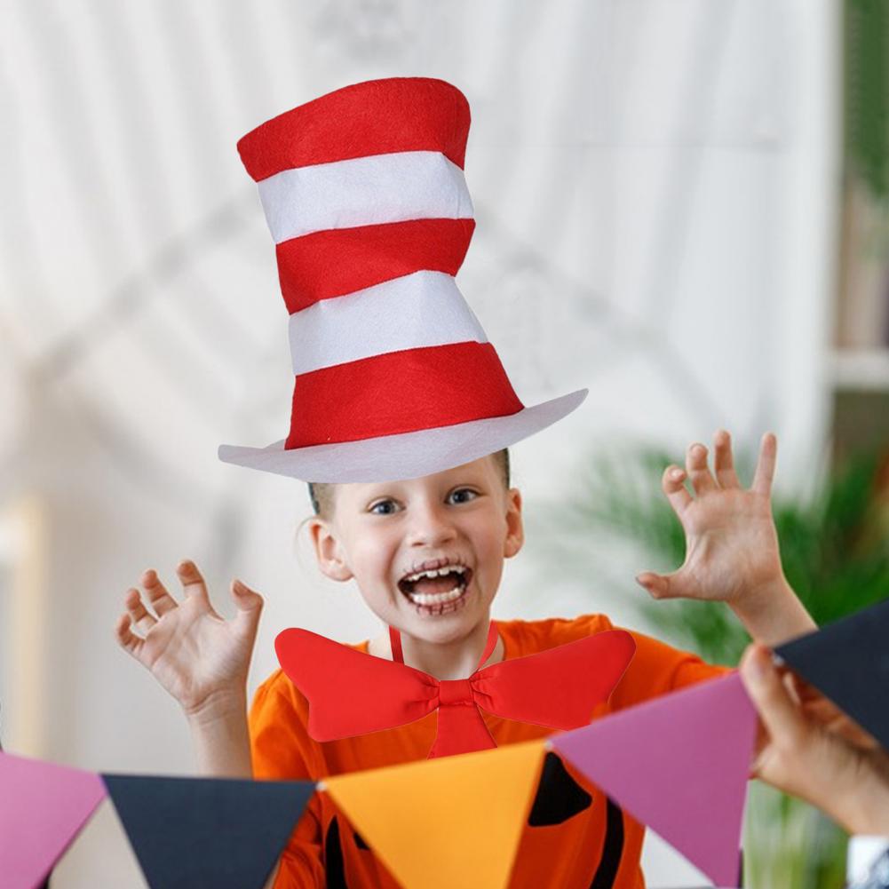 Red White Striped Hat Polyester Bright Stovepipe Tall Hat Bowtie Gloves Costume Lightweight Themed Party Headpiece For Kids