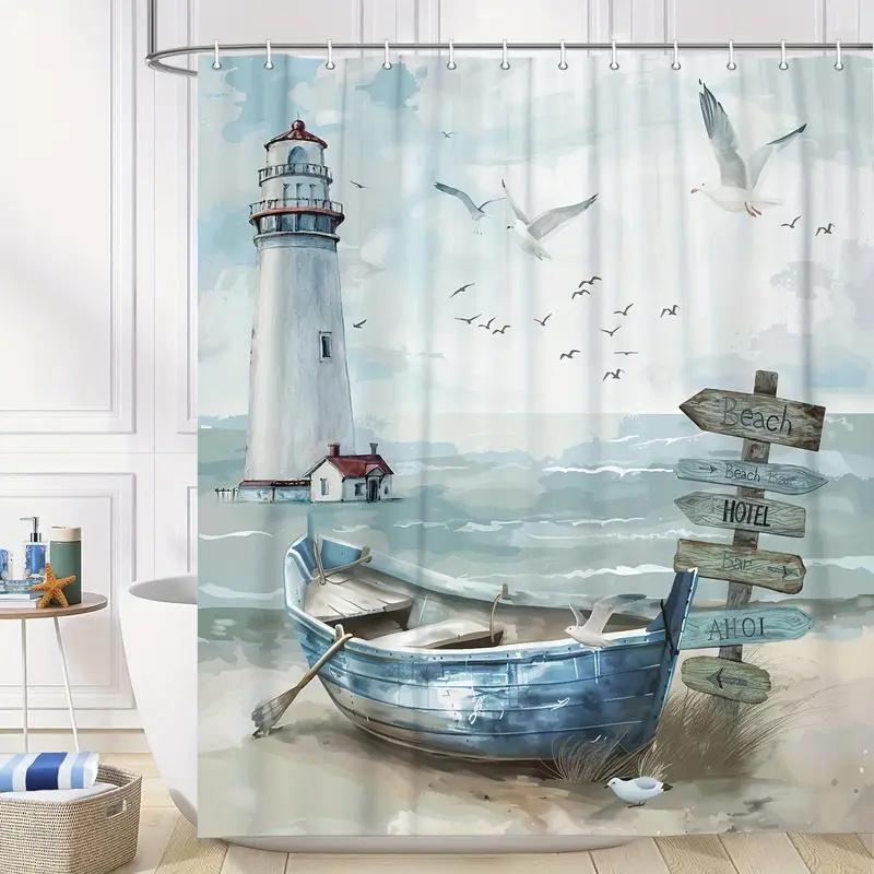 Coastal Lighthouse Shower Curtain, Beach Theme Shower Curtain with Blue Wooden Boats and Seagulls, Bathroom Decor with Hooks