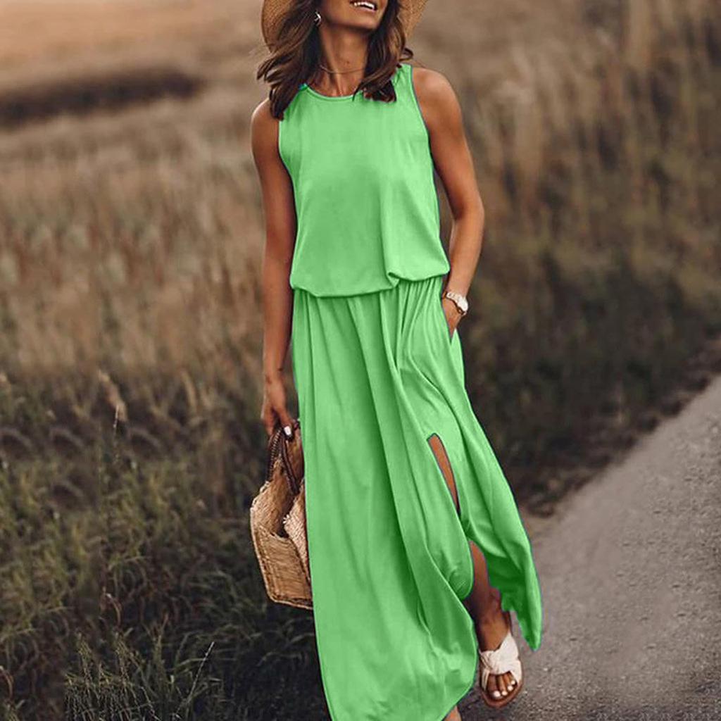 Vestido Largo Casual de Color Sólido sin Mangas con Cuello Redondo, Abertura Lateral, Ropa Nueva Europea y Americana para Mujer de Primavera y Verano
