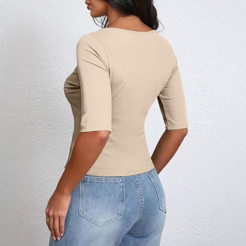 Women's Slim Fit Cropped T Shirt Short Sleeve Basic Top Stretchy Ribbed Fabric Crew Neck Casual Tee for Daily Wear