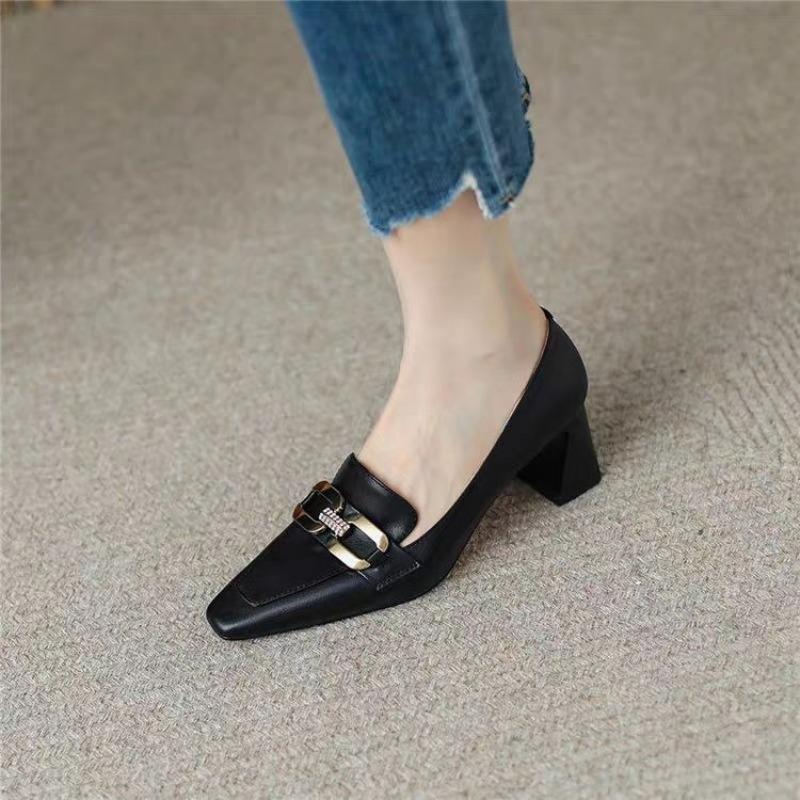 Leather High Heel Single oes Women's Spring Autumn New Coarse Heel Square Head Work oes Versatile Loers Casual Sle