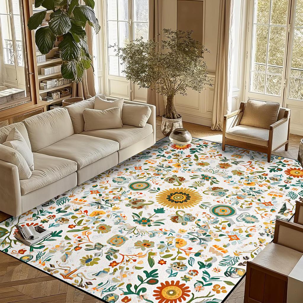 Retro Flower Living Room Carpet Non-slip Machine Washable Soft Floor Mat Nordic Style Plant Rugs Large Size Home Decoration Mats