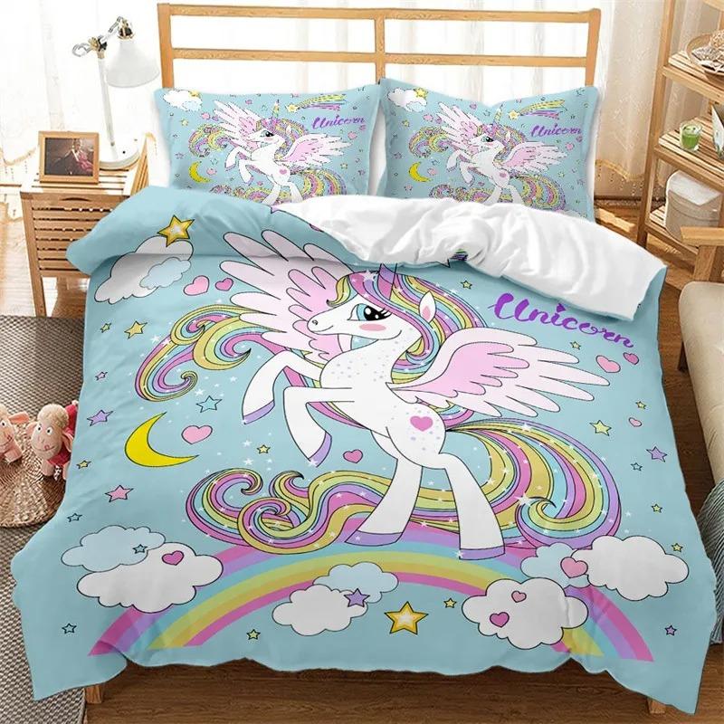 Colorful Luminous Unicorn Print Bedding Set 3D Cartoon Animal Pattern Duvet Cover Bedroom Decor With Pillowcases For Girls Gift