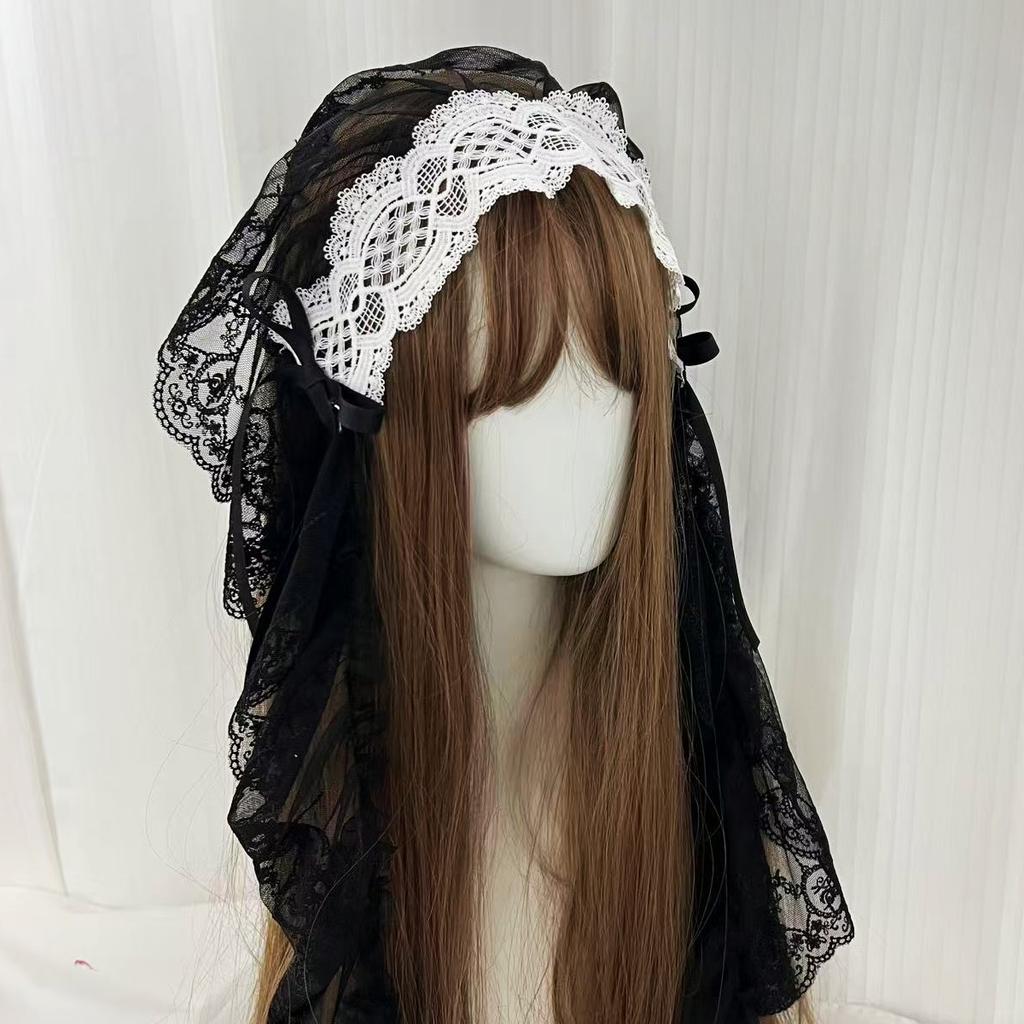 Gothic Harajuku Lolita Black and White Lace Headband Women's Veil Cosplay Headwear Female Sweet Halloween Hair Accessory