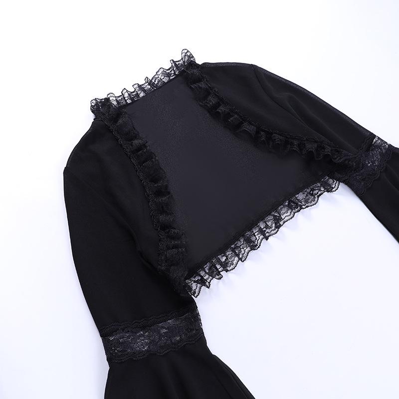Dark Spring/Summer Lace Bell Sleeve Casual Black Cardigan Top