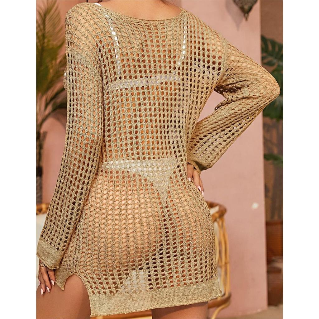 Charmleaks Cover Up Solid Cutout Bikini Hook Flower Beach Smock Skirt Woman Long Sleeve