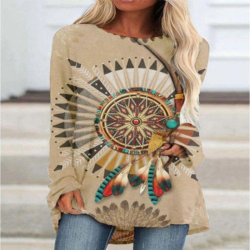 New 3D Ethnic Tribal Style Printed Round Neck Women's T-shirt Long-sleeved Bottoming Shirt Casual Loose Top Breathable Pullover
