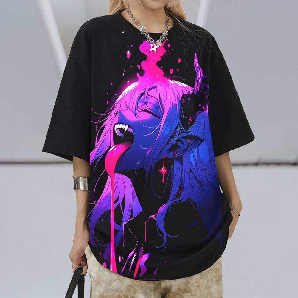 

Женские футболки, новые хлопковые футболки с принтом персонажей аниме 3D, летние свободные топы для девочек, футболки с коротким рукавом большого размера L