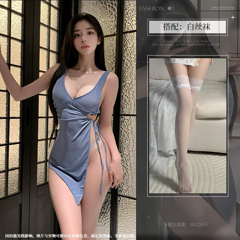 Sex underwear deep V French sexy, waist pumping pleated high split hip wrap thin lace-up strap pure desire suspender skirt