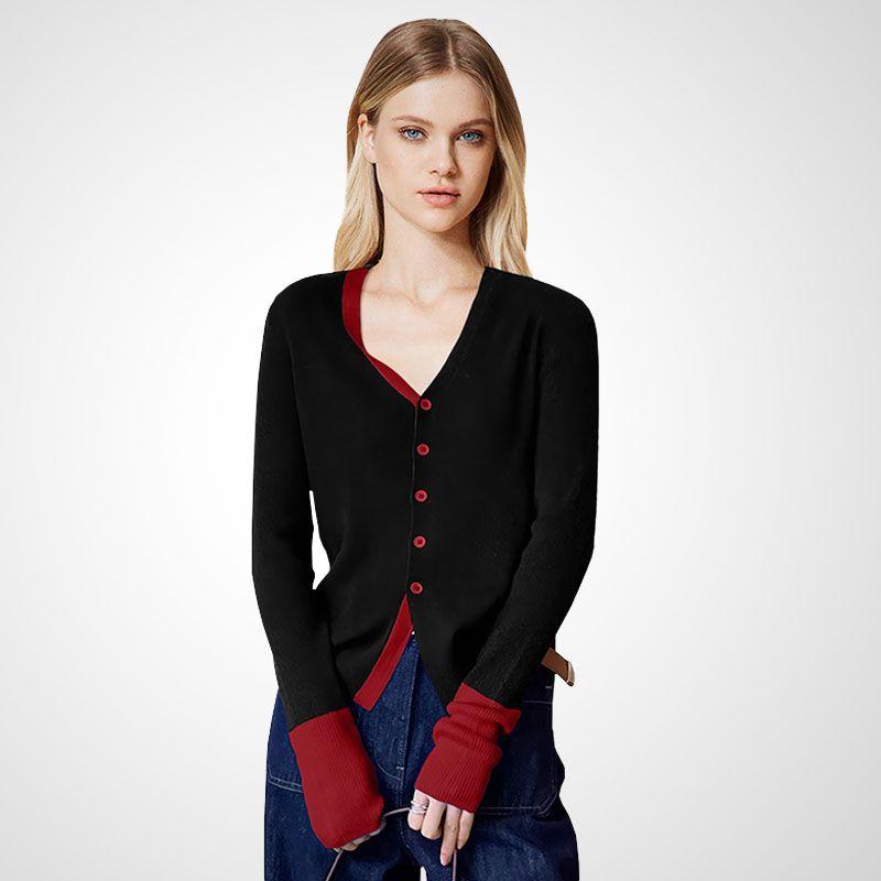 

Самый простой для Match Slimming Чувство дизайна Контрастный цвет V-образный свитер Black and red color matching XL