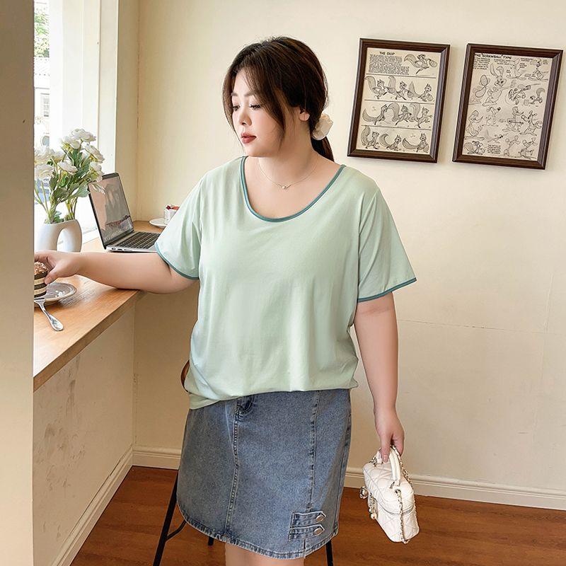 

Discount 20 Yuan] Cool Feeling Ice Porcelain Cotton Contrast Color Binding Square Collar U-Collar 100.00kg Short Sleeve Large Size T-shirt for Women Green U-collar 3XL