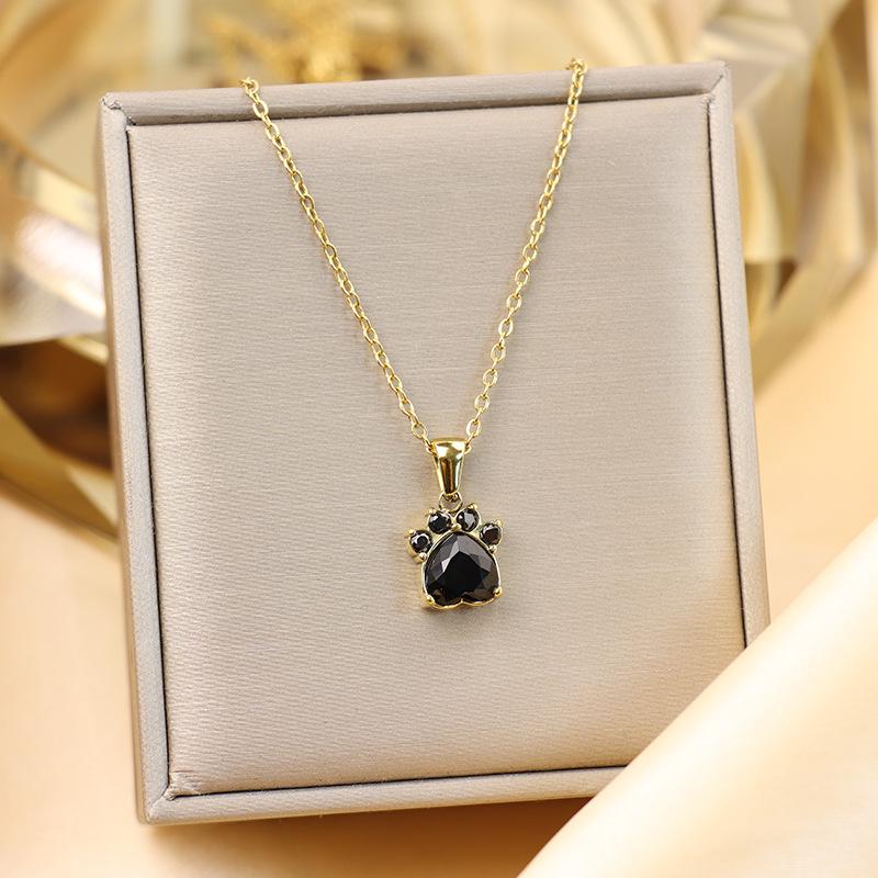 18K Gold-Plated Titanium Cat Paw Pendant Necklace with Colorful Zircon Hearts for Women
