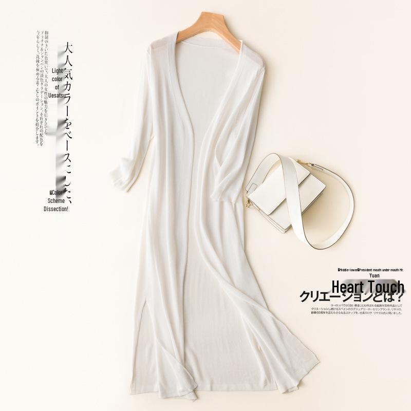 Women's Summer Sun Protection Cardigan - Lightweight, Mid-Length Wool Knit with Skirt, Three-Quarter Sleeve, Ice Silk Outerwear