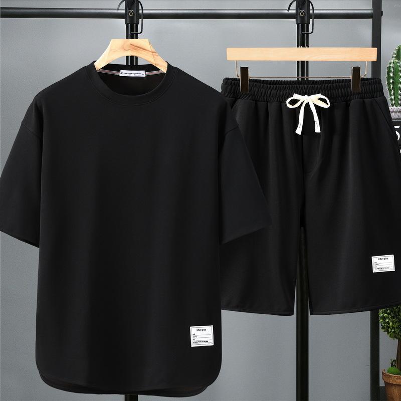 

10XL Большой размер Костюм с короткими рукавами Мужской летний тренд Свободные повседневные шорты Футболка Костюм из двух частей Плюс жир для увеличения Универсальный спортивный костюм 10XL чёрный