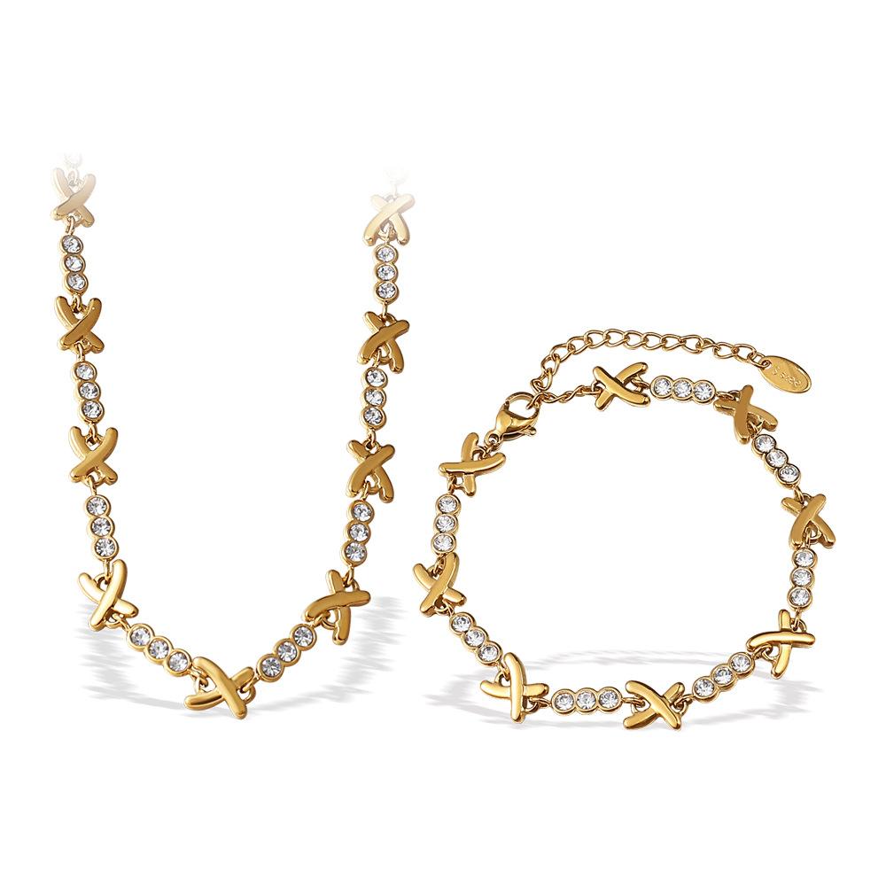 Fashion18K Gold Plated Stainless Steel X Link Cubic Zirconia Jewelry Set Necklace and Bracelet Jewelry