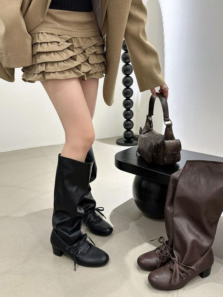 2025 New Autumn and Winter Round Head Thick Heel Middle Heel Boots Women's Shoes Fashion Boots Lace-up High Boots Knight Boots