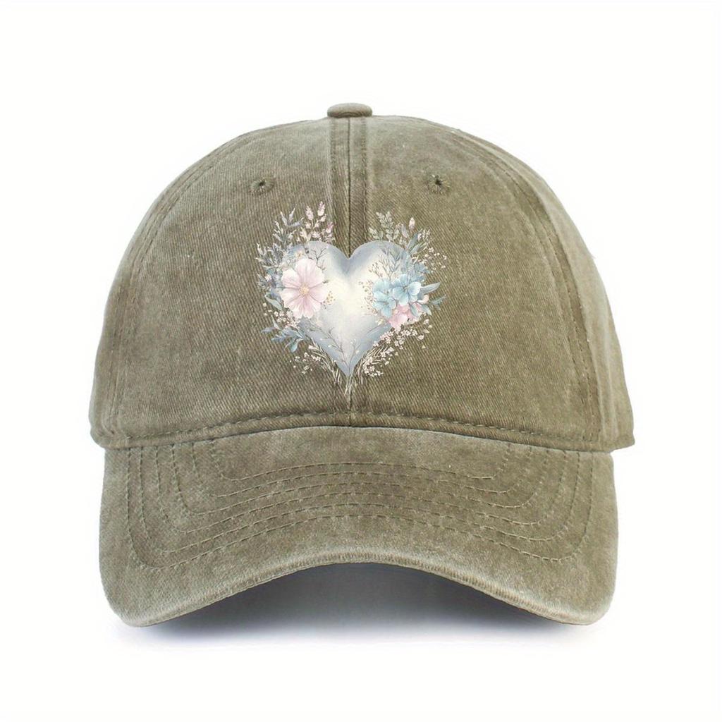 Floral Heart Print Washed Baseball Cap Cotton Casual Adjustable Sun Protection Hat for Unisex