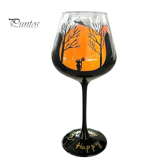 Set di Bicchieri da Vino a Tema Halloween con Gambo, Calice Artistico Dipinto a Mano, Bicchiere da 720 ml, Vetro Decorativo Stagionale