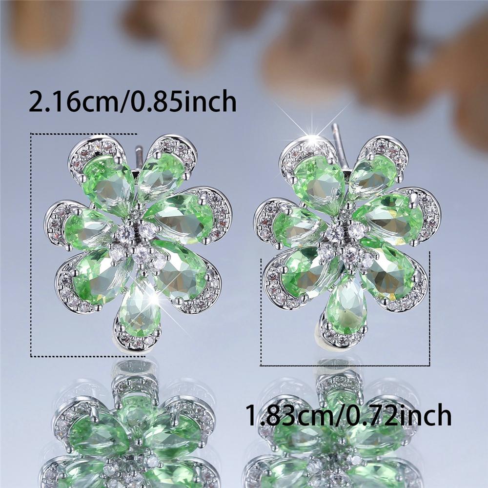Cute Female Green Zircon Flower Stud Earrings Silver Color Wedding For Women