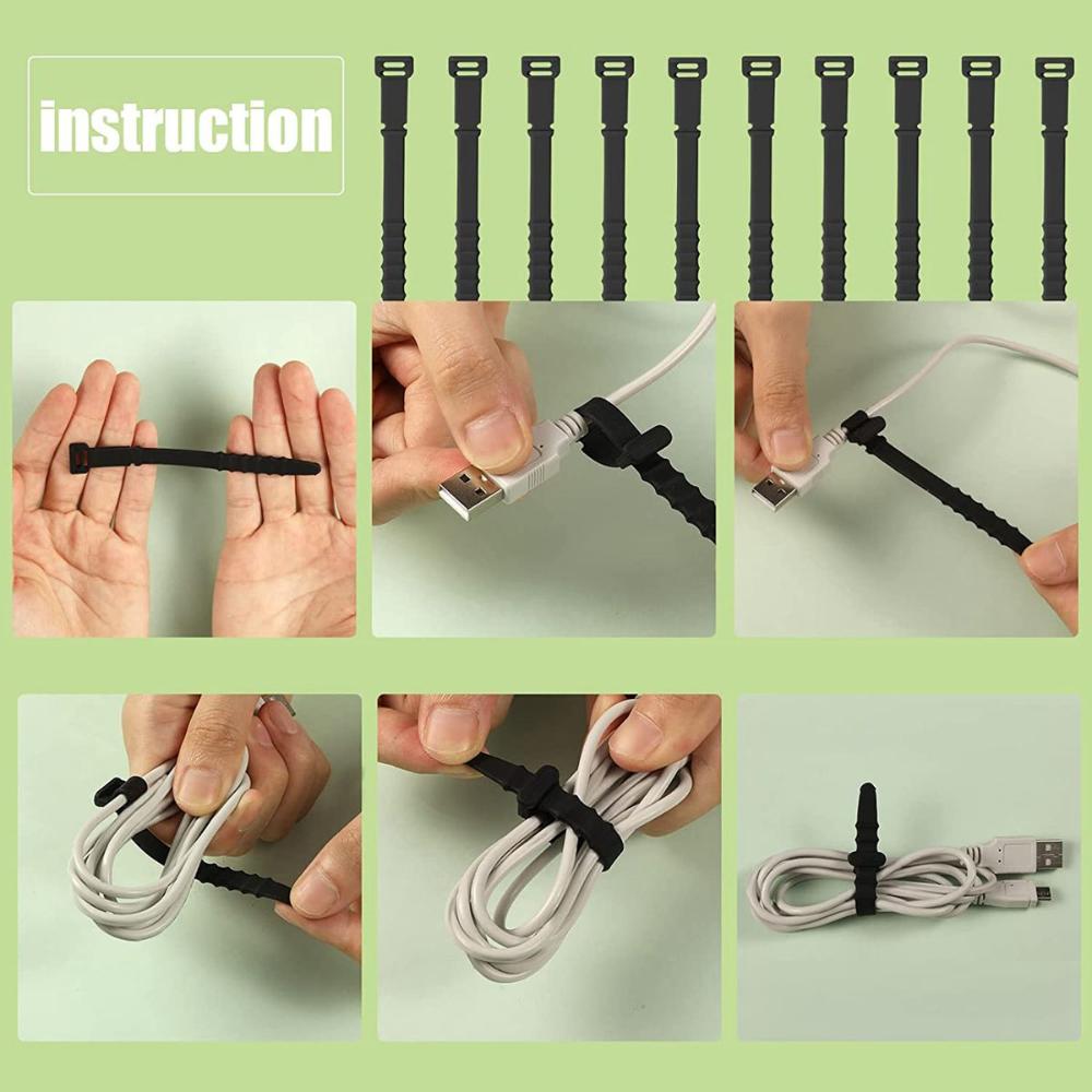 Office Desk Elastic Reusable Home Zip Ties Wire Management Clip Straps Cable Organizer