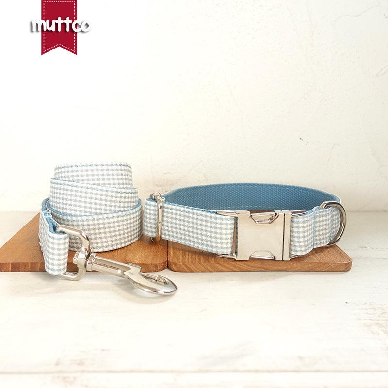 MUTTCO Blue Plaid Ethnic Dog Collar & High Quality Leash Set UDC-022 XS