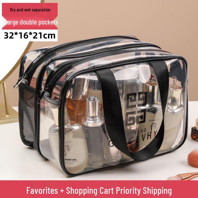 Transparent PVC Toiletry Bag with Wet and Dry Sections - Tea Color Makeup Storage