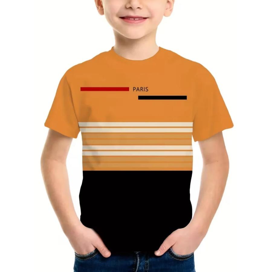 Boys' T-Shirt Simple Paris Letter Print Summer Short Sleeve Tees Loose Fashion Round Neck Tops Stripe Streetwear Kids Clothing