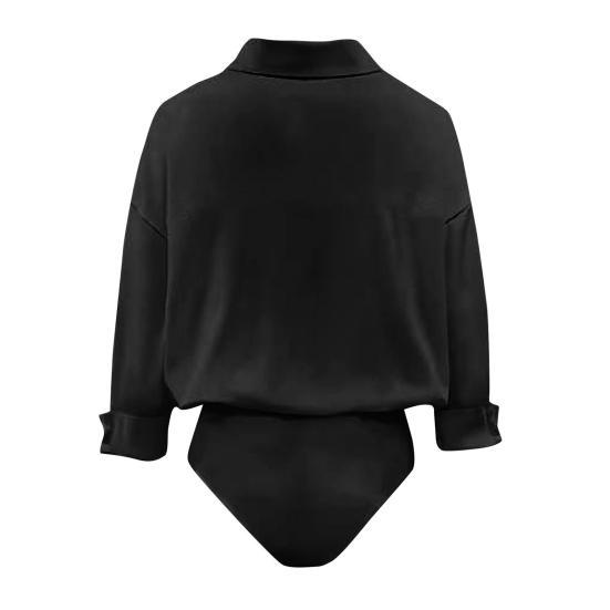 Damen Office Bluse Bodysuit Top Knopfleiste Kragen Langarm Einteiler Arbeitshemd Lässig Lockerer Schnitt Business Tops