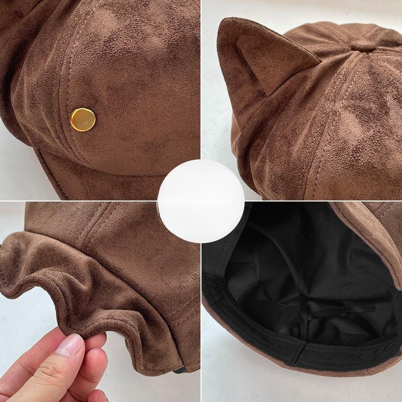 Korean Retro Cat Ears Octagonal Hat Women's Autumn and Winter Face Showing Newsboy Hat Brushed Warm Beret
