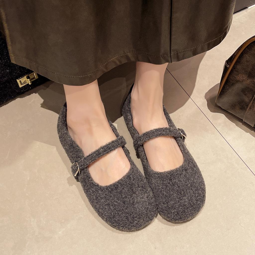 Herbst und Sommer Baumwollschuhe Koreanische Edition Französische Flache Mit Fleece Mary Jane Flauschige Schuhe Weiche Sohle Einzelne Schuhe