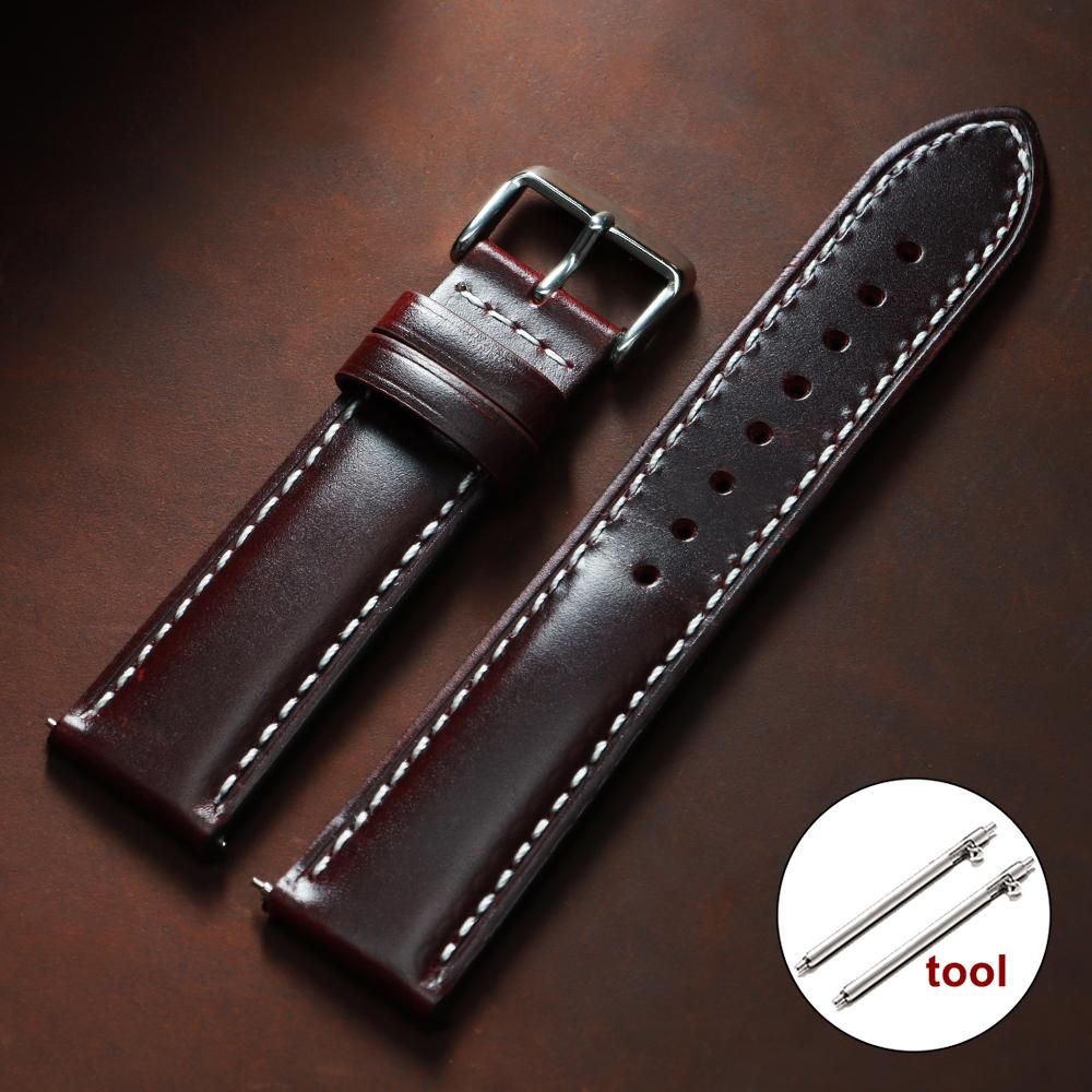 Oil Wax Calfskin Leather Watchband Retro Wrist Strap 18mm 20mm 22mm with Silver Stainless Steel Buckle Soft Material Watch Band