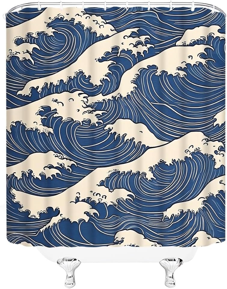 Japanese Wave Shower Curtain Abstract Kanagawa Oriental Ocean Sea Waves Creative Geometric Comic Antique Bathroom Curtain