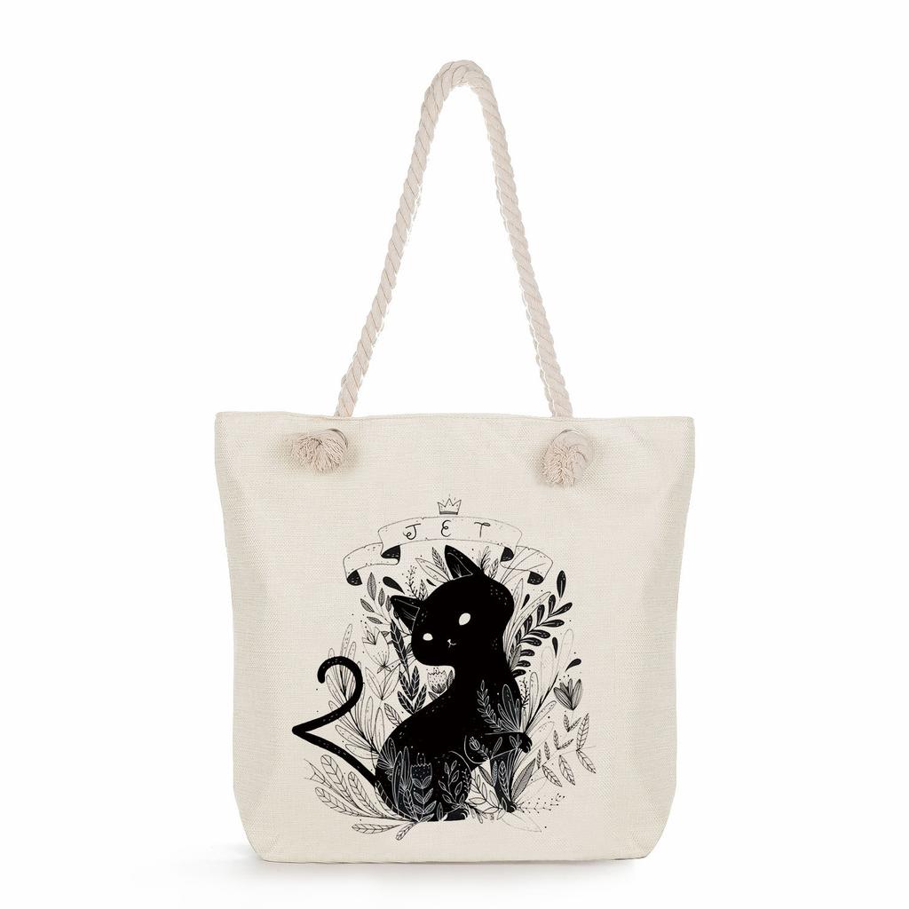 Cartoon cat print thick rope single-shoulder beach bag 7252