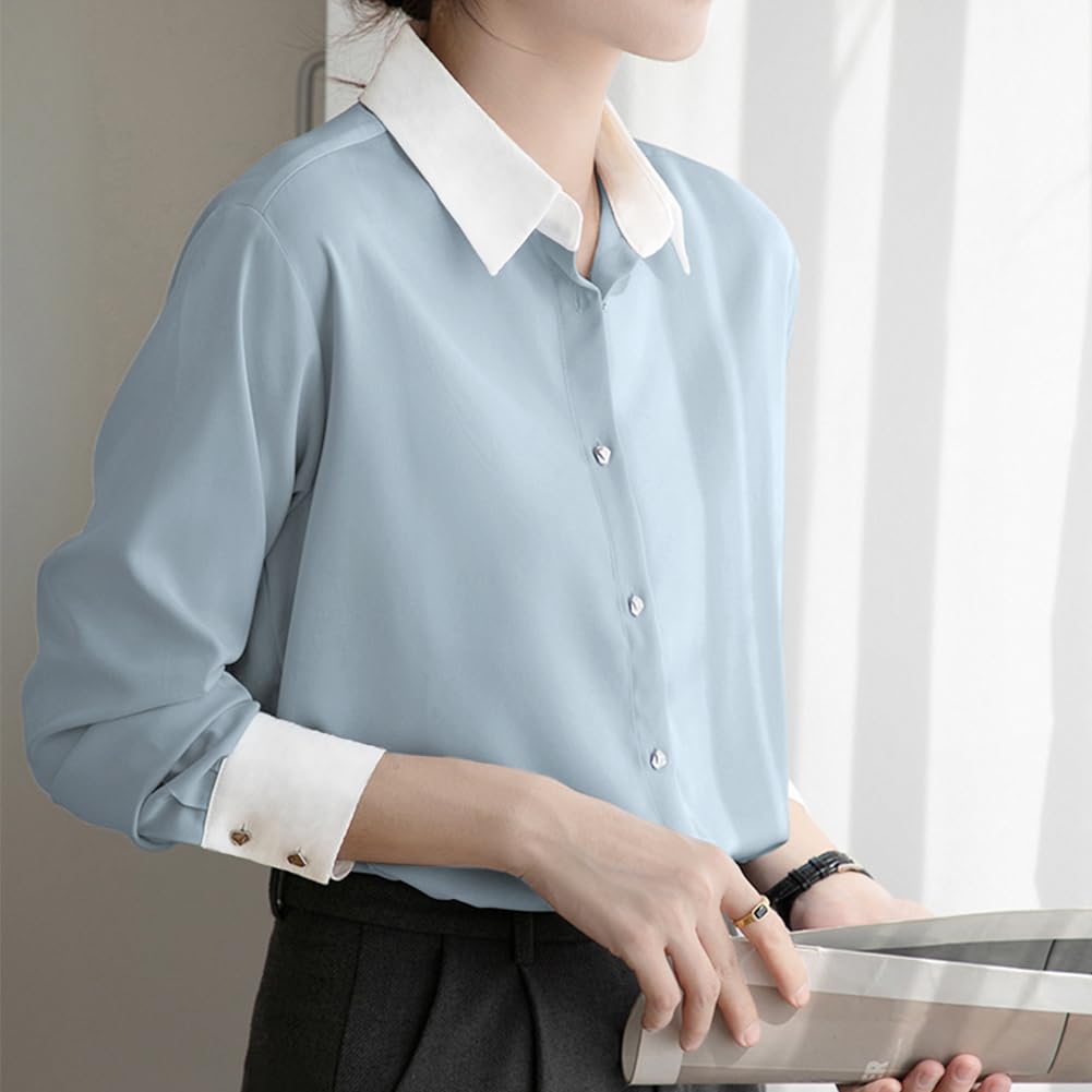 Yino Long Sleeve Collared Shirt Perfect for Spring Women's Two-Tone Blouse, Flattering, Slimming, Simple, Elegant, Casual, Commuting, Office, Formal,