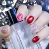 2026 New Year Plaid Ruby Cat Eye Handmade Nails with Pearl Rhinestone Glitter