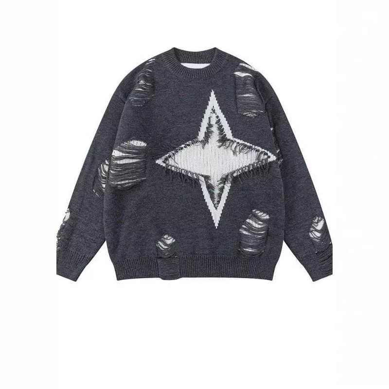 Streetwear Ripped Crewneck Sweater Unisex Loose Fit Hip Hop Knit Top Fall