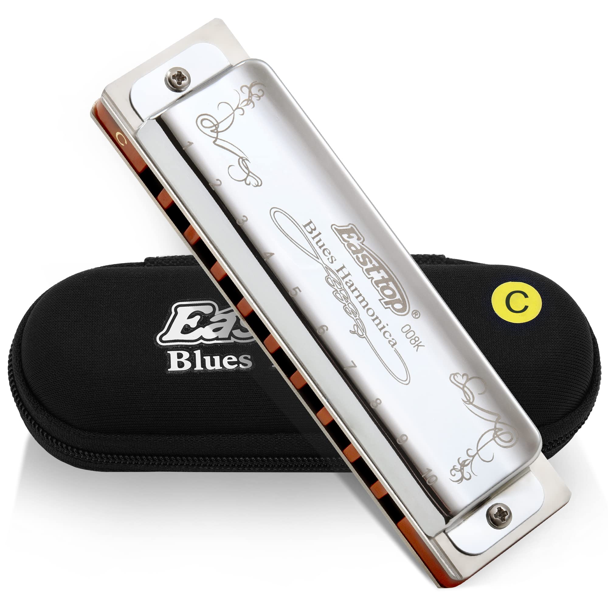 East Top Blues Harmonica, 10-Hole, C Key, 20 Tones, Brass Cover, Canvas Case, Cleaning Cloth, Diatonic Harmonica for Beginners and Professionals, Stud