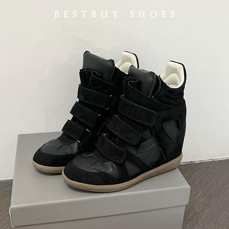 Nowe Damskie Sneakersy z Zamszowej Skóry Zapinane na Rzep Buty Turystyczne Casualowe Buty Sportowe Zwiększające Wzrost o 8 CM Jesienne Okrągły Nosek Botki do Kostki